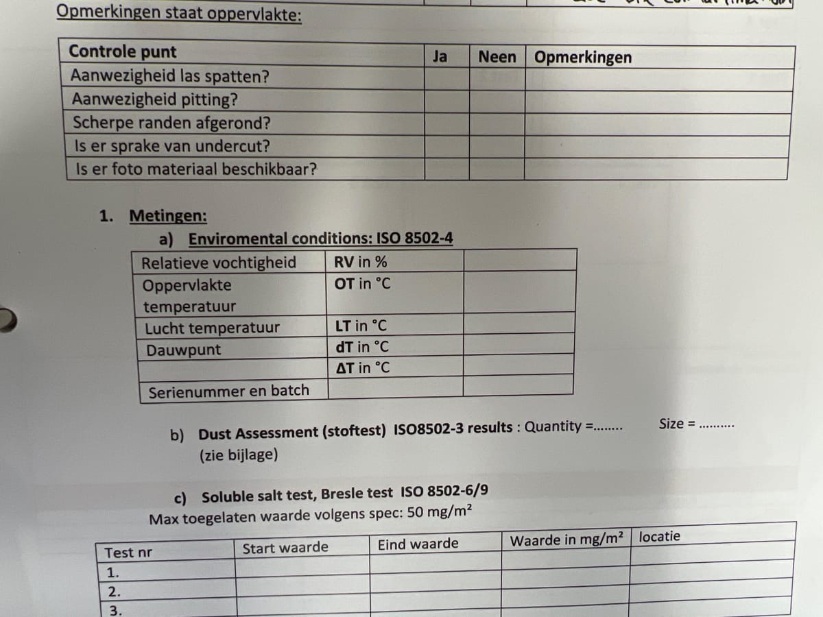 Inspectierapport met ISO 8502 metingen voor klimaat, stof en oplosbare zouten